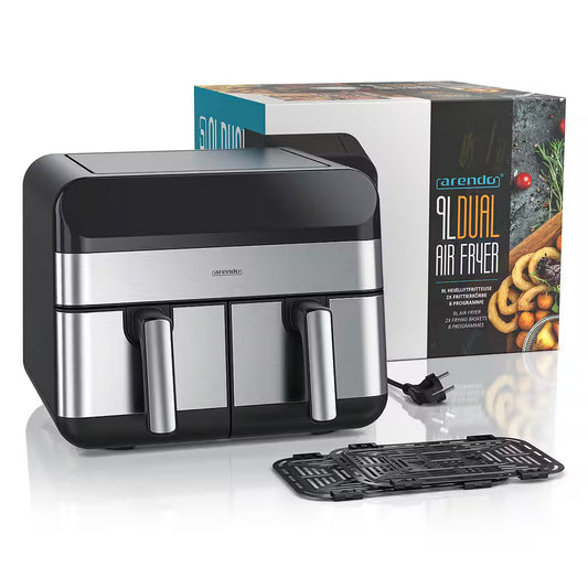 ARENDO
Heißluftfritteuse XXL Doppelkammer Airfryer 9L, Dual Zone, Backofen, Dörrautomat
mit Zubehör, Touchscreen, 3D Umluftsystem, fettarmes gesundes Kochent
