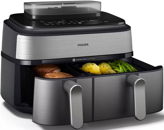 PHILIPS
Heißluftfritteuse 5000 Series NA555/00, Dual Basket mit Steam und 9L Kapazität (6L+3L)