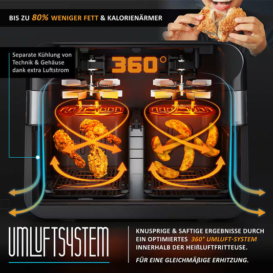ARENDO
Heißluftfritteuse XXL Doppelkammer Airfryer 9L, Dual Zone, Backofen, Dörrautomat
mit Zubehör, Touchscreen, 3D Umluftsystem, fettarmes gesundes Kochent